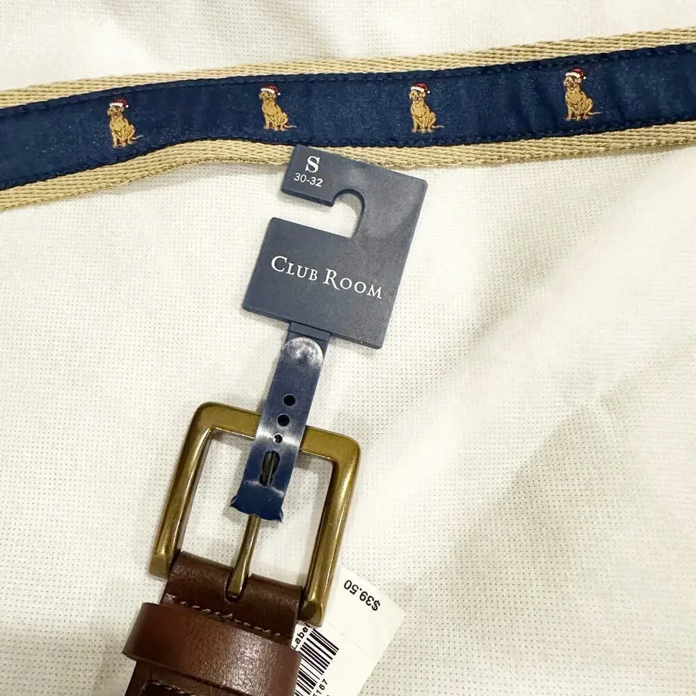 CLUB ROOM Men's Faux Leather Holiday Cheer Belt Navy Santa Dog